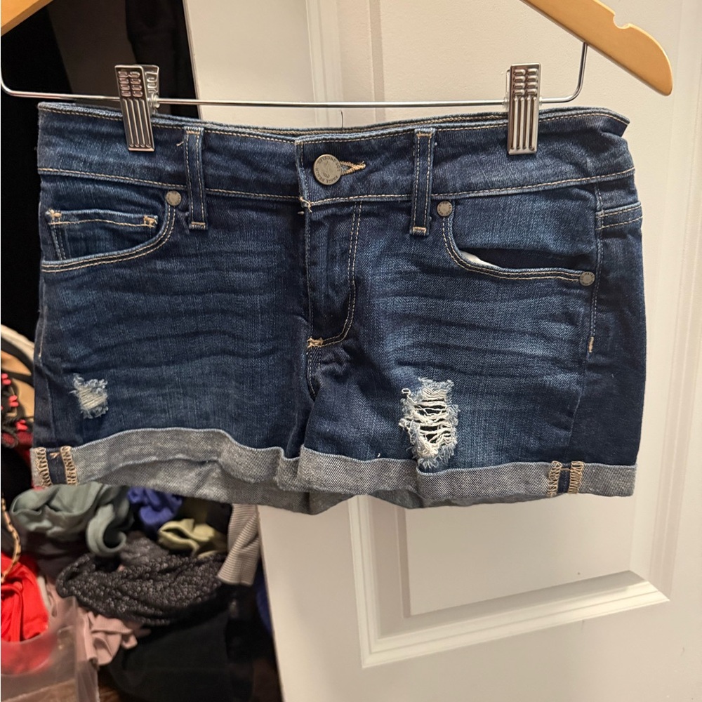 PAIGE Dark Blue Distressed Jean Shorts